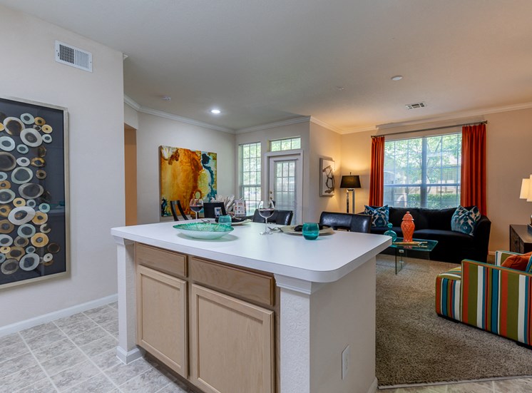 Kitchen And Living at Crowne Chase Apartment Homes, Overland Park, Kansas