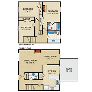 3 bed 2 bath floor plan at Preston Court Apartments, Kansas, 66212