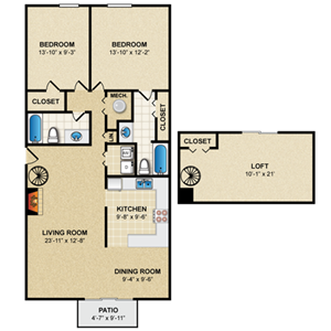2 bed 2 bath floor plan Aat Preston Court Apartments, Kansas
