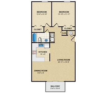 2 bed 1 bath floor planat Preston Court Apartments, Overland Park, 66212