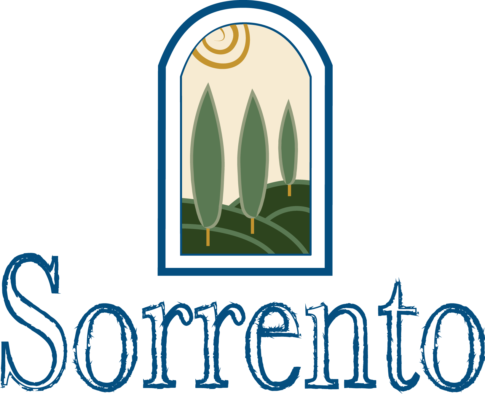 a window with a plant in the background and the word sorrento in the foreground