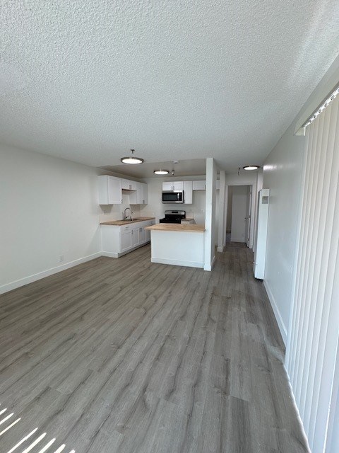 A long hallway with a kitchen area at the end.