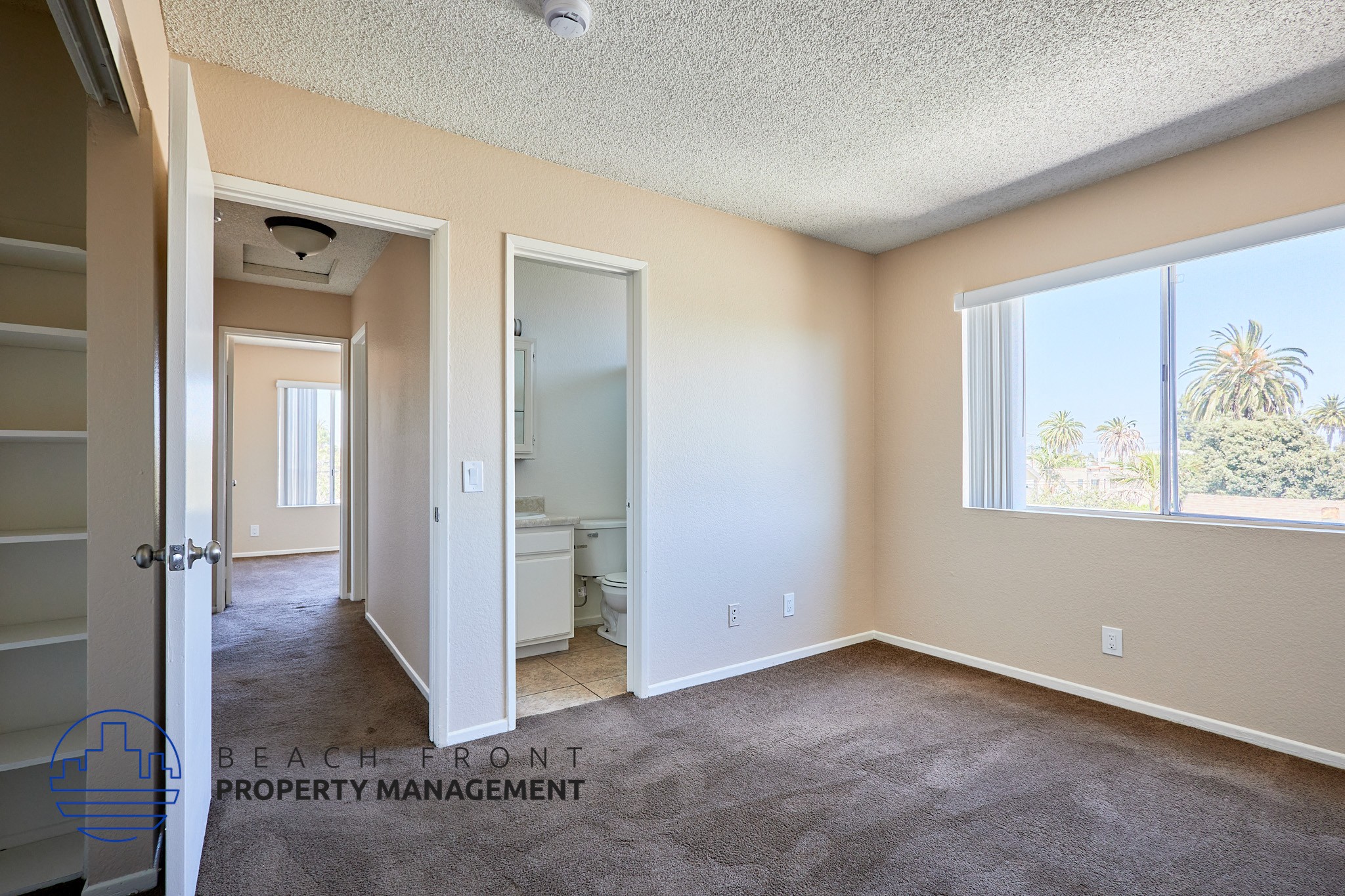 A room with a carpeted floor and a window overlooking a palm tree.
