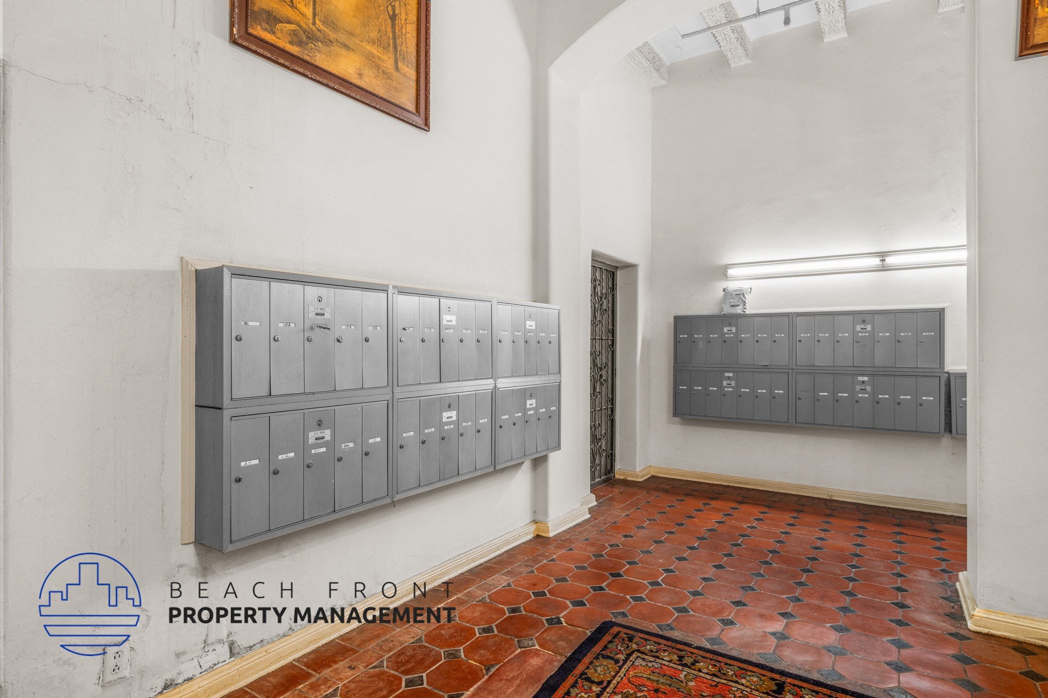 Mail boxes in main lobby of building.