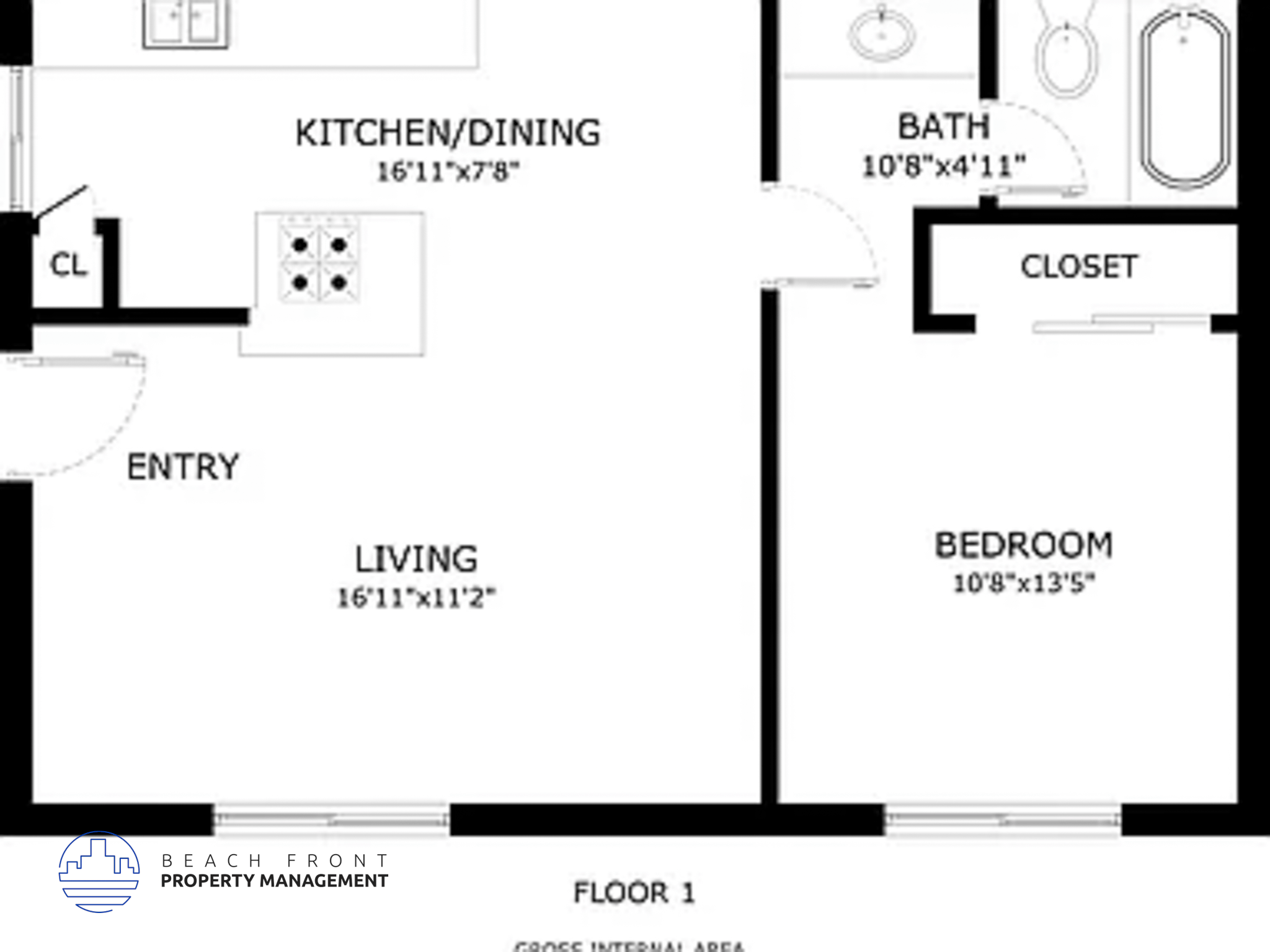 A floor plan for a one bedroom apartment with a living room, kitchen/dining area, bathroom and closet.