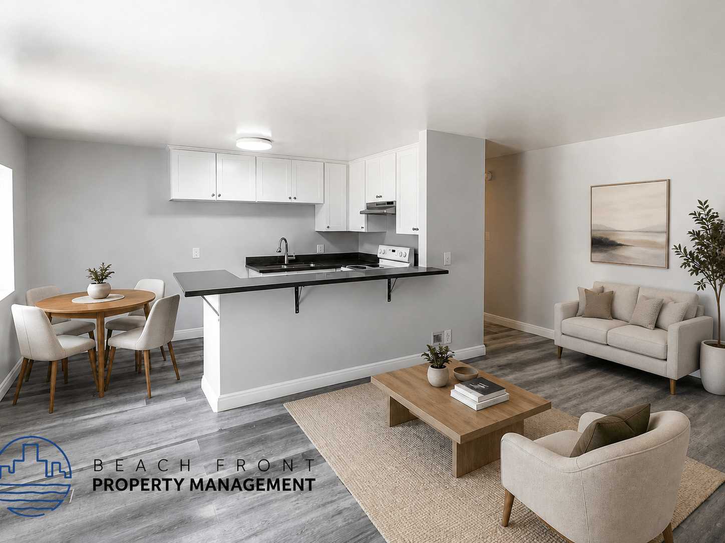 A modern living room with a dining area and a kitchen in the background.