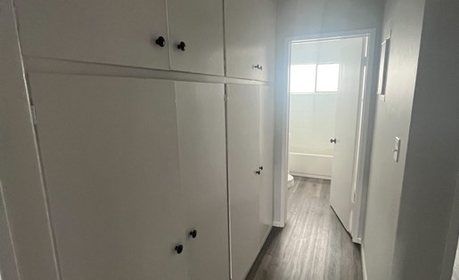 A long hallway with white walls and wood floors.
