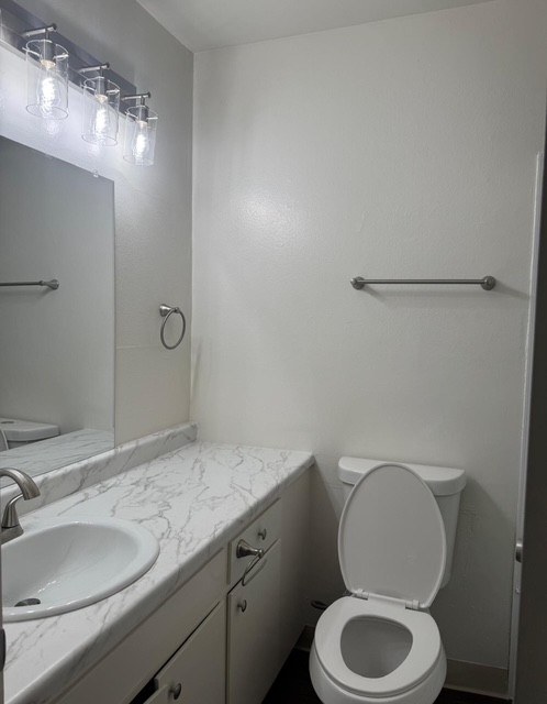 A white toilet in a small bathroom with a marble counter top.