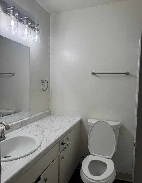 A white toilet in a small bathroom with a marble counter top.