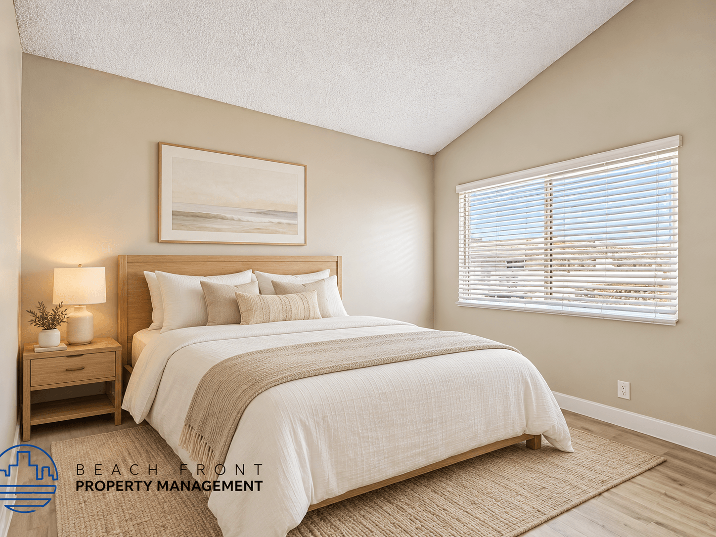 A well-lit bedroom with a large bed and a nightstand with a lamp.
