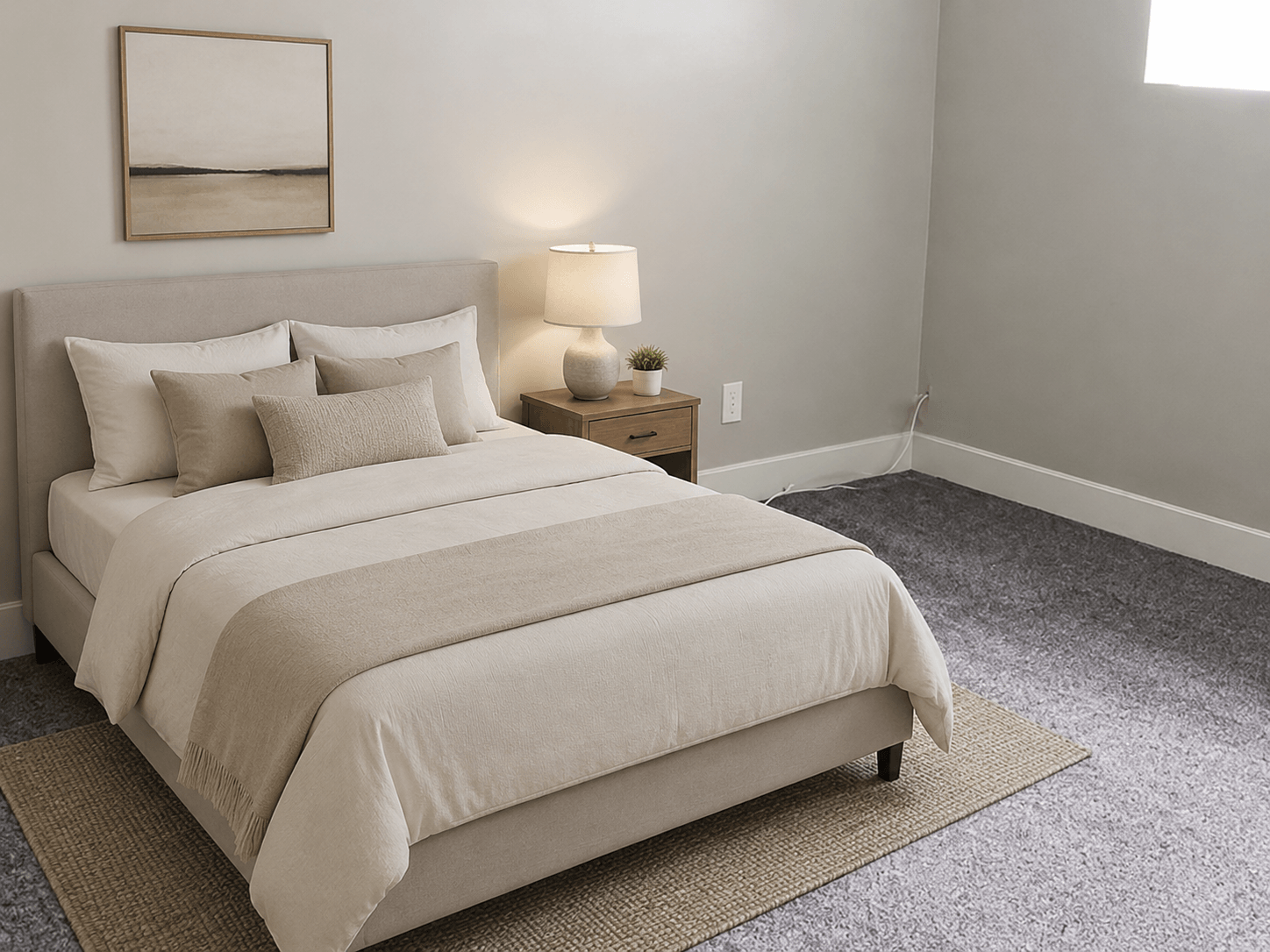 A bed with a white comforter and pillows is in a room with a lamp and a picture on the wall.