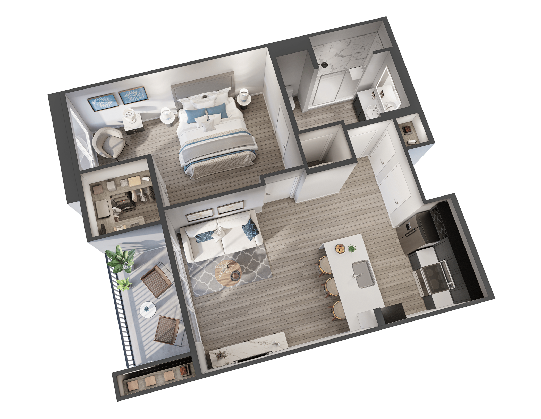 a 3d floor plan of a bedroom with a bed and a bathroom