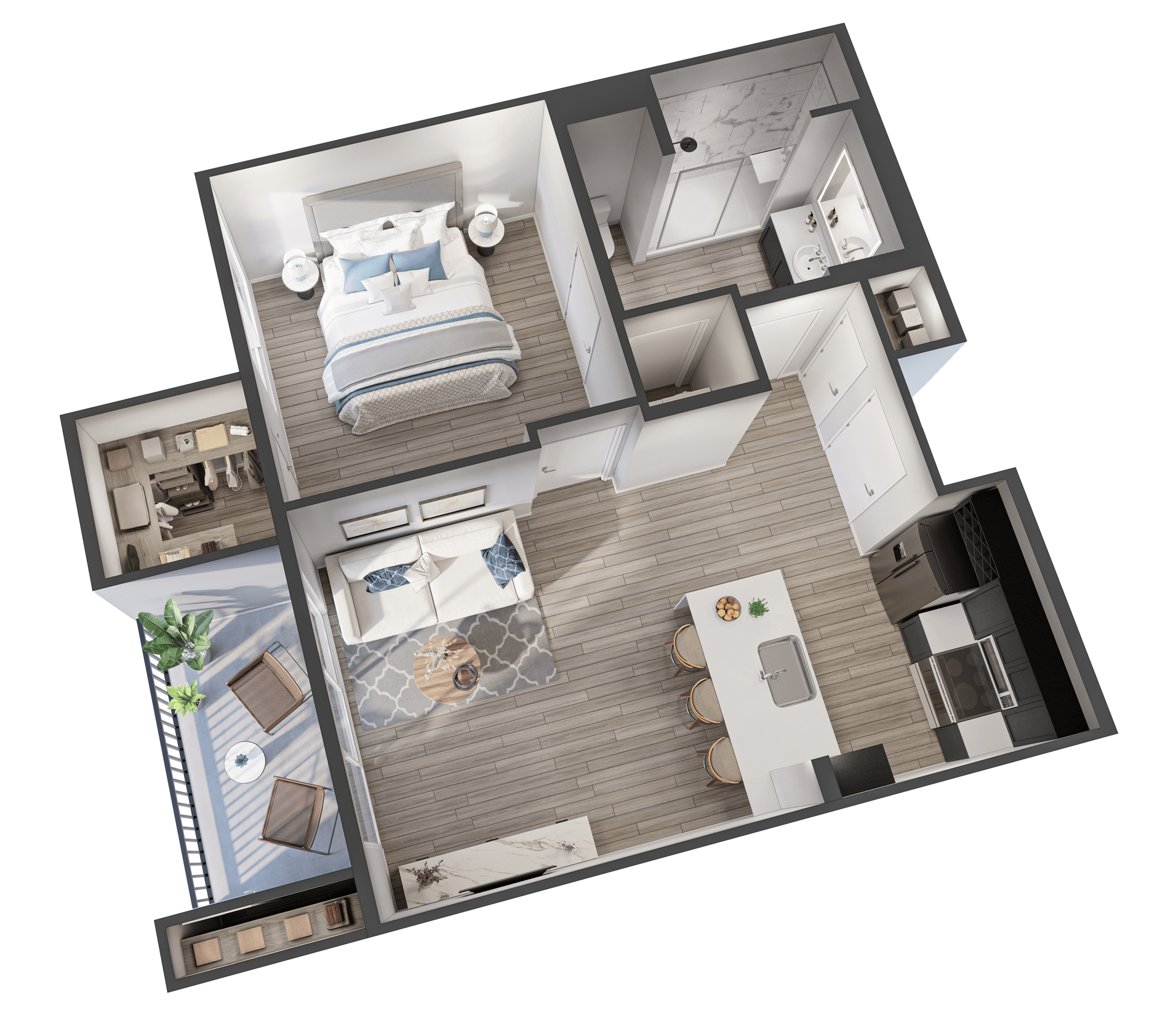 a 3d floor plan of a bedroom with a bed and a bathroom