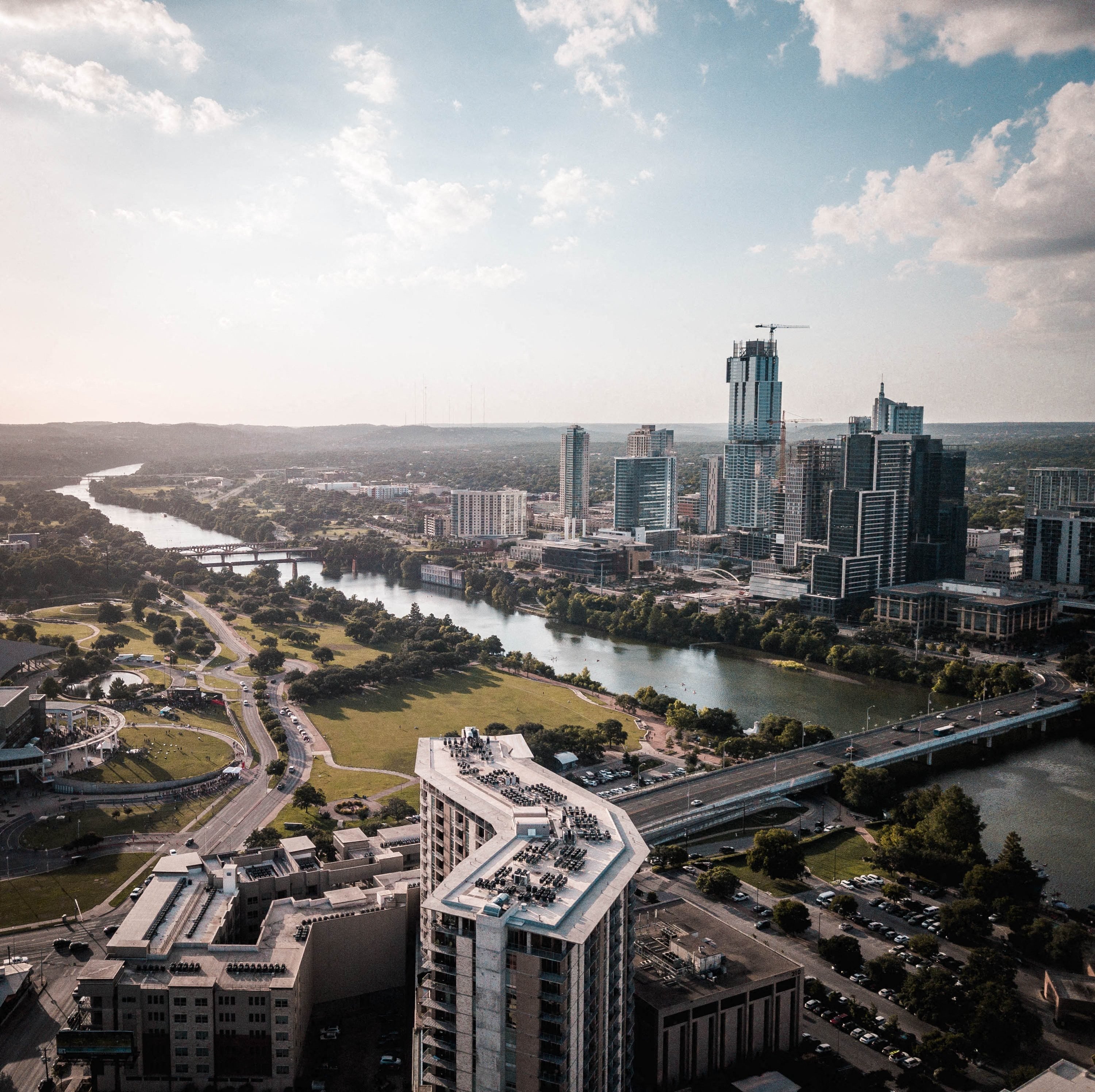 aerial shot of downtown austin