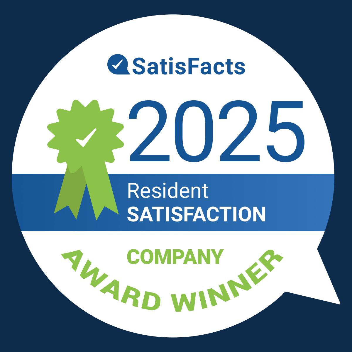 A badge indicating a company has won the Satisfacts 2025 Resident Satisfaction Award.