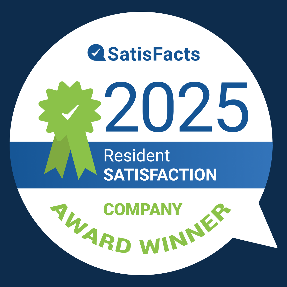 A badge indicating a company has won the Satisfacts 2025 Resident Satisfaction Award.