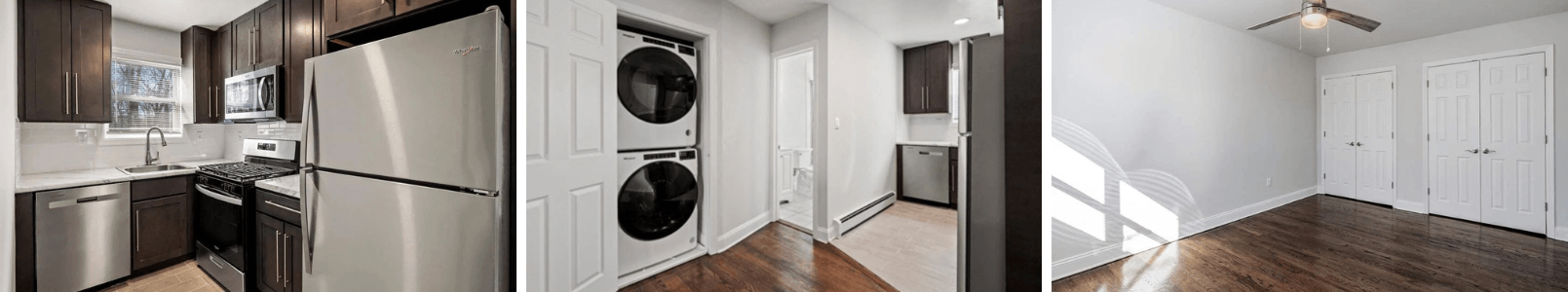 A kitchen with a white fridge and a white washing machine.