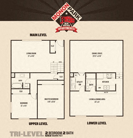 Monon Park - 2 Bedroom Tri-Level floor plan