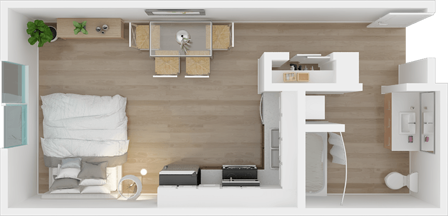 a bedroom with a bed and a chair in a room