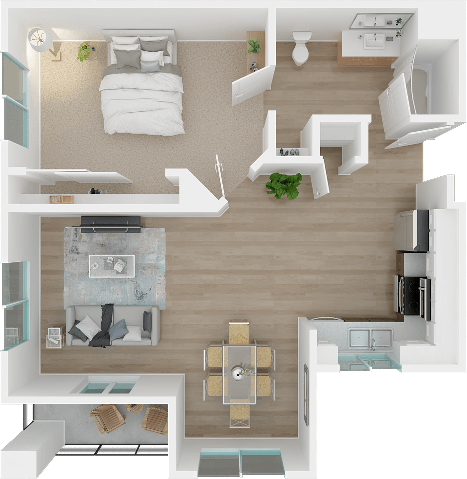 a floor plan of a studio apartment with a bedroom and living room