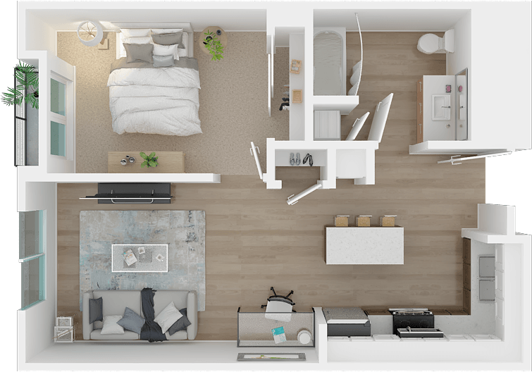 a floor plan of a studio apartment with a bedroom and living room