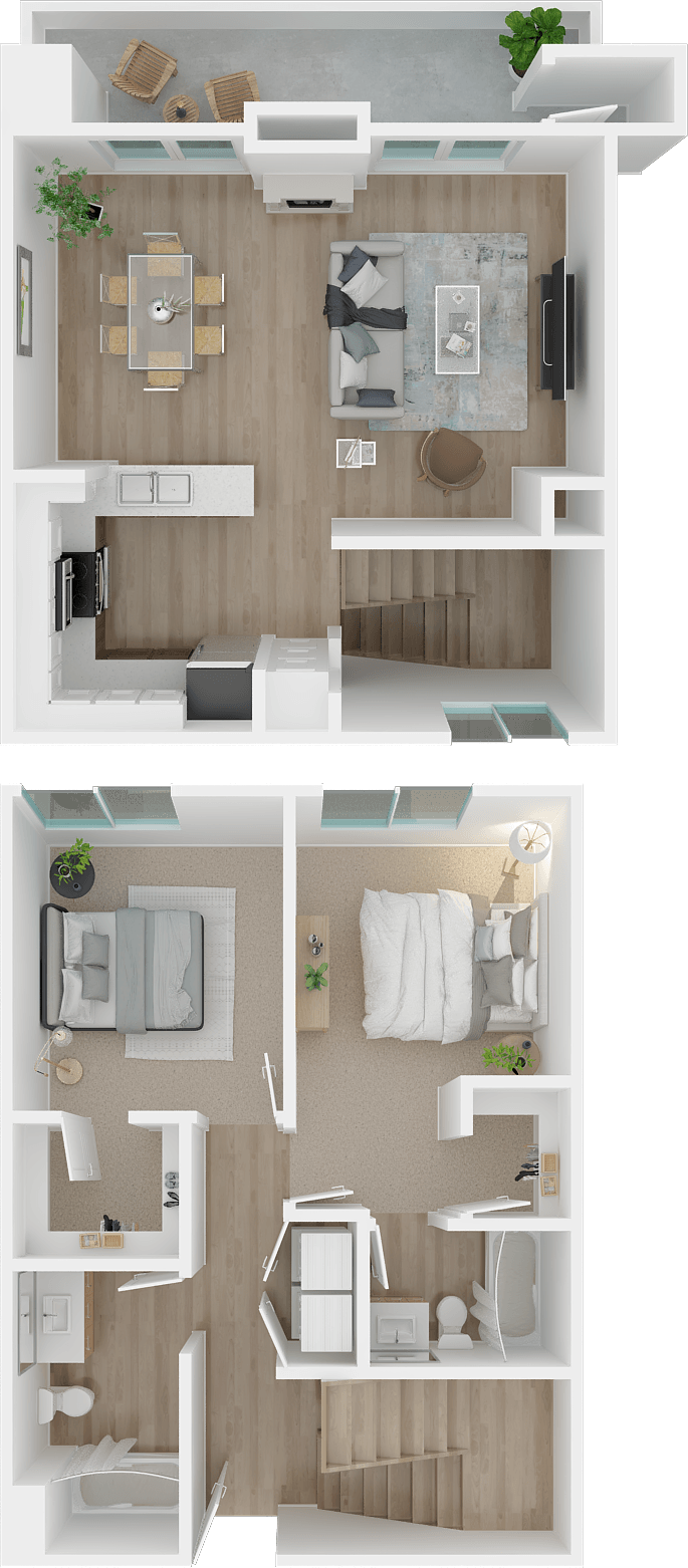 Escher Floor plan 2x2 townhouse at 1801L Apartments, Sacramento CA