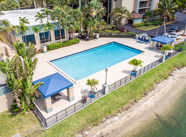 Apartments for Rent in North Miami - Aerial View of Community Pool with Two Gazebos with Seating