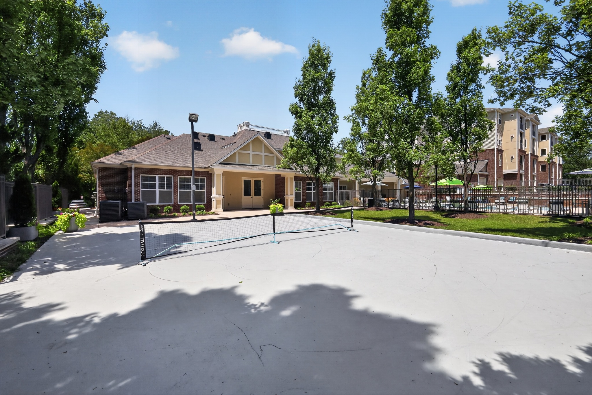 A residential area with houses and trees.