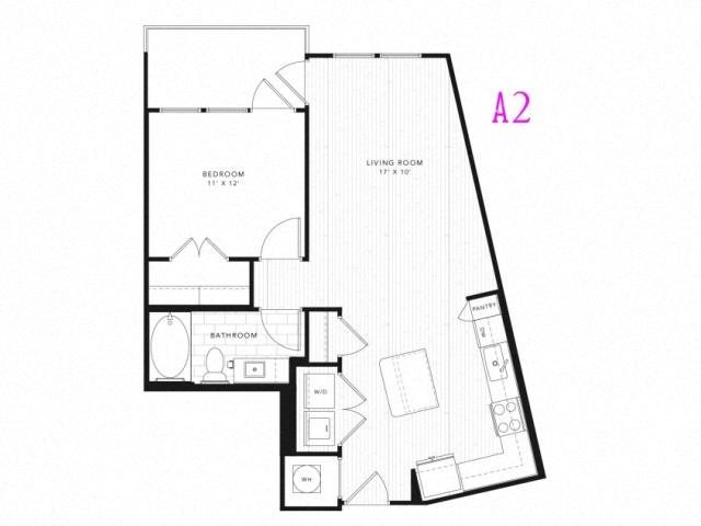 A2 1 Bed 1 Bath 708 square feet floor plan