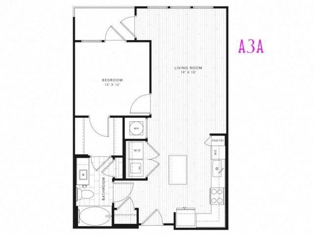 A3A 1 Bed 1 Bath 717 square feet floor plan