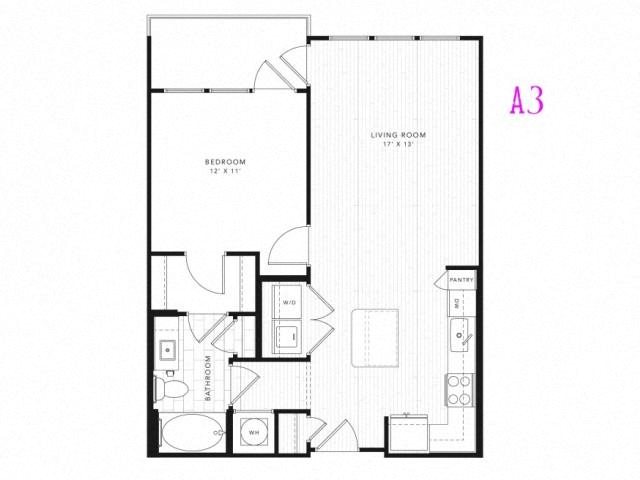 A3 1 Bed 1 Bath 740 square feet floor plan