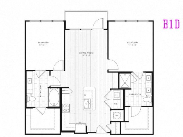 B1D, 2 Bed 2 Bath 1053 square feet floor plan