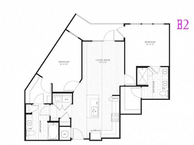 B2, 2 Bed 2 Bath 1107 square feet floor plan