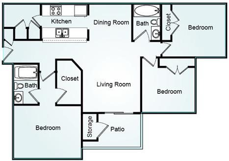 Yorktown - Three Bedroom-2 Bath Floorplan 3 Bed, 2 Bath, 1332 square feet floor plan Yorktown