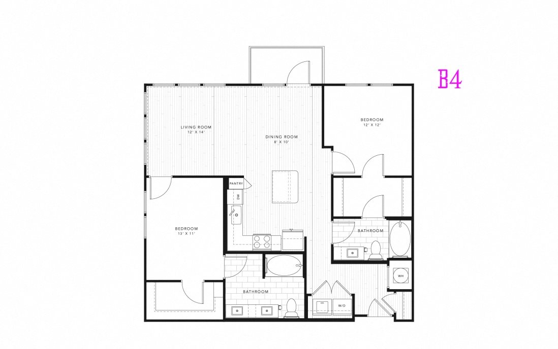 B4, 2 Bed 2 Bath 1144 square feet floor plan