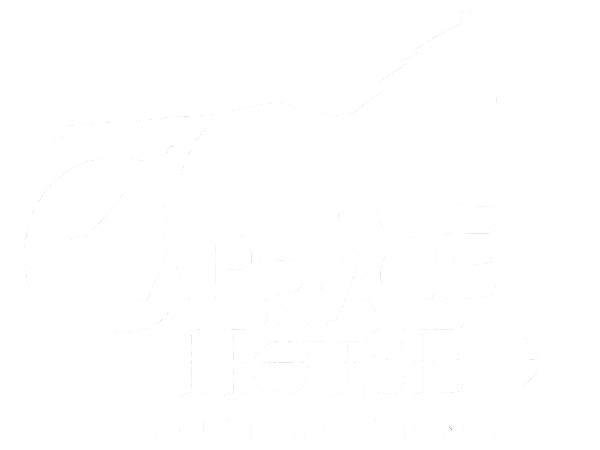 A black and white image of a horse with the words "Carriage House" written above it.