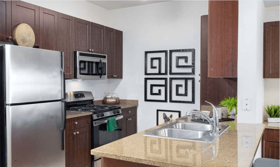 Modern kitchen with stainless steel appliances, dark wood cabinets, and geometric wall art.
