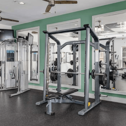 Gym interior with weight machines, Smith machine, and mirrors.