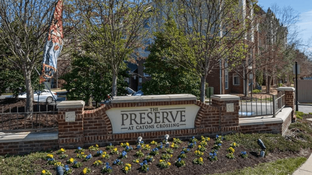 The Preserve at Catons Crossing apartment complex entrance sign.