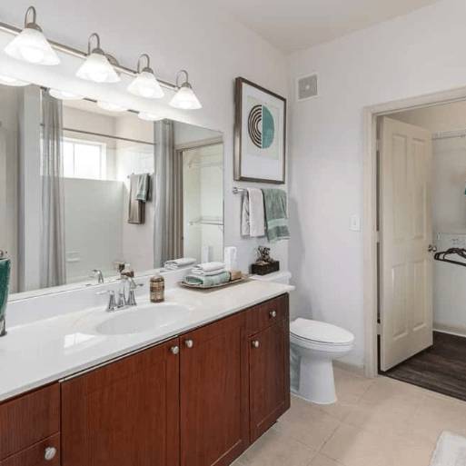 Bathroom with double vanity, toilet, and open closet door.