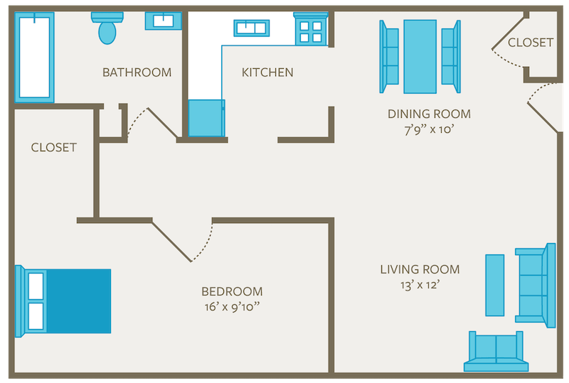 1 Bedroom 1 Bath  |  570 sqft floor plan