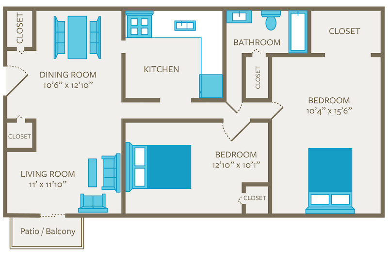 2 Bedroom 1 Bath  |  720 sqft floor plan