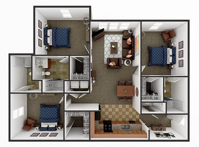 Three bedroom Three bath floor plan