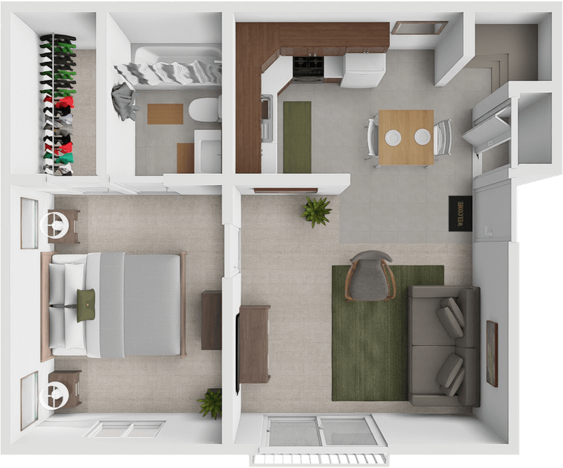 a 1 bedroom apartment floor plan at eastland apartments with living room in grand rapids.