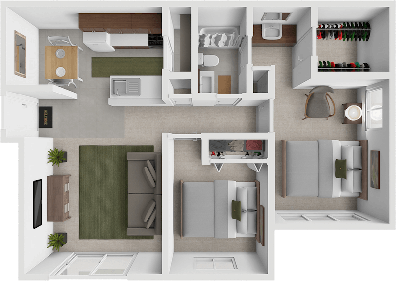 a 2 bedroom apartment floor plan at Eastland Apartments