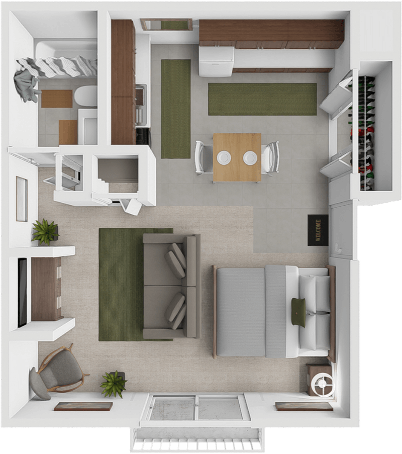 a 3d rendering of a studio apartment floor plan at Eastland apartments in Grand Rapids.
