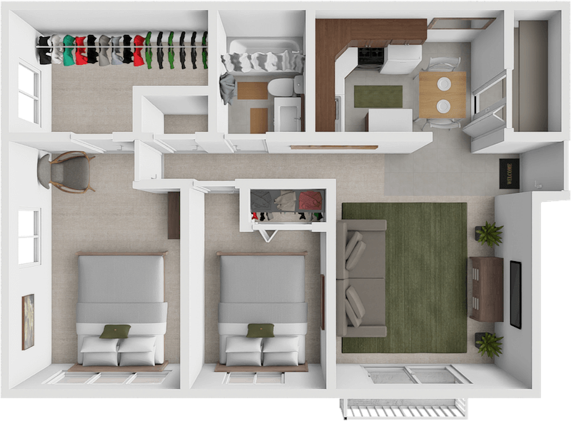 a 2 bedroom apartment floor plan at eastland apartments with large closet.