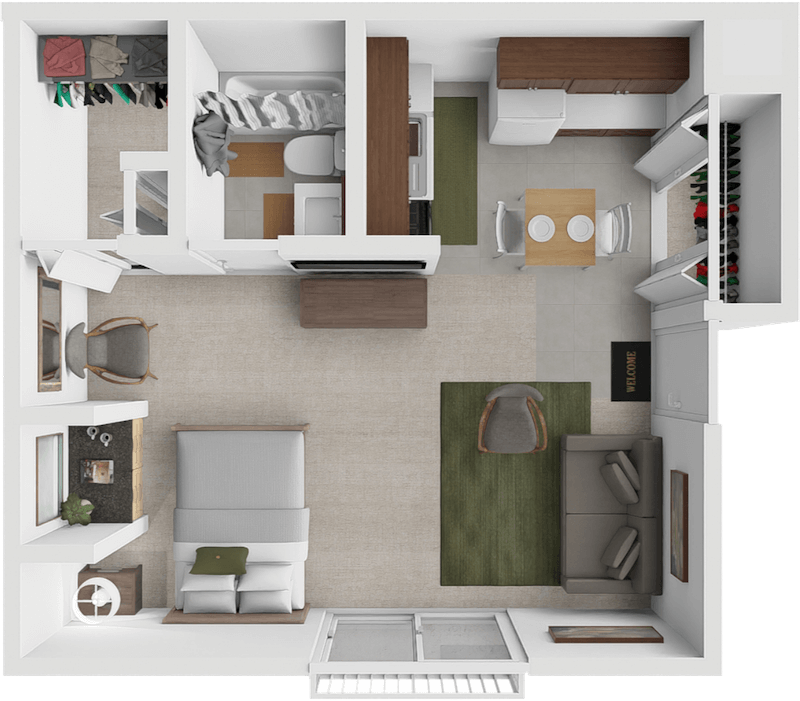 a 3d rendering of a studio apartment floor plan at Eastland apartments in Grand Rapids.