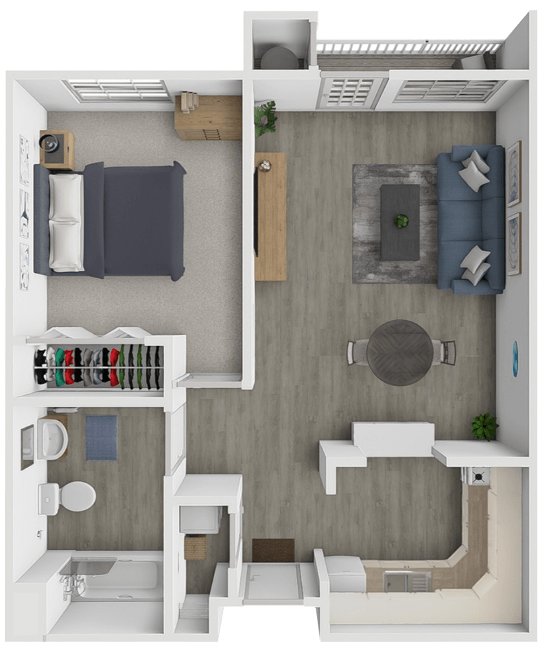 A 3D floor plan of a small apartment with a bedroom, living room, and kitchen.