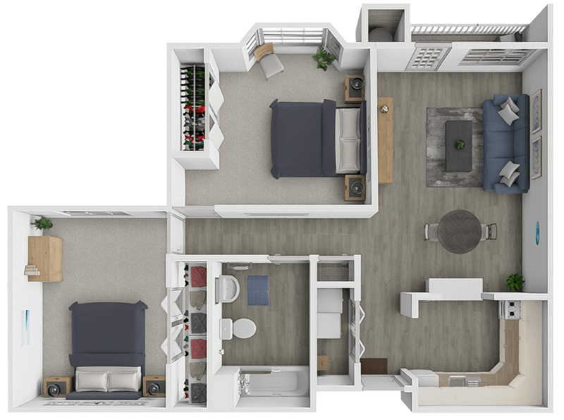 A 3D floor plan of a small apartment with a kitchen, living room, and bedroom.
